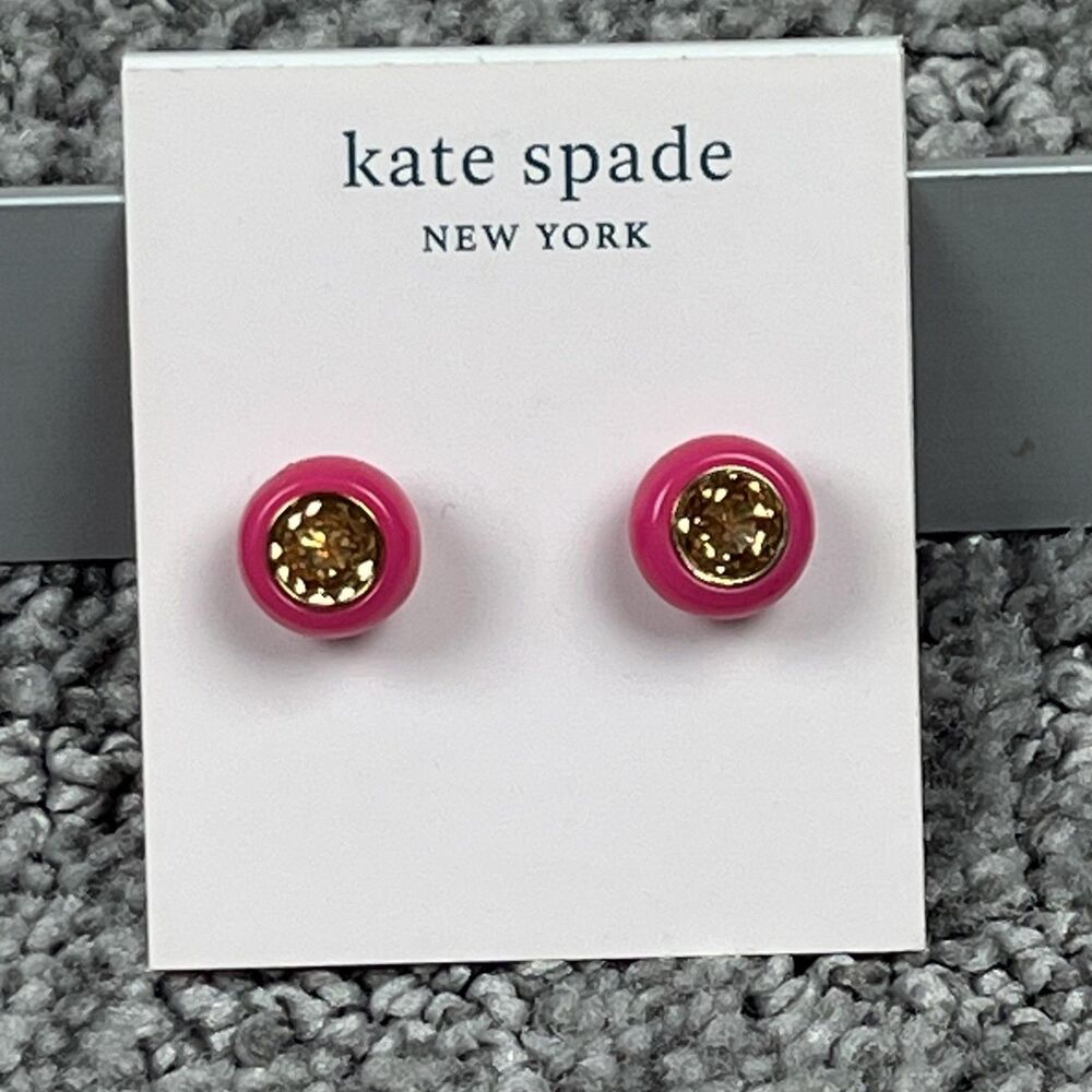 Kate Spade New York Pink Enamel Stud Earrings Gold Crystal Womens Jewelry